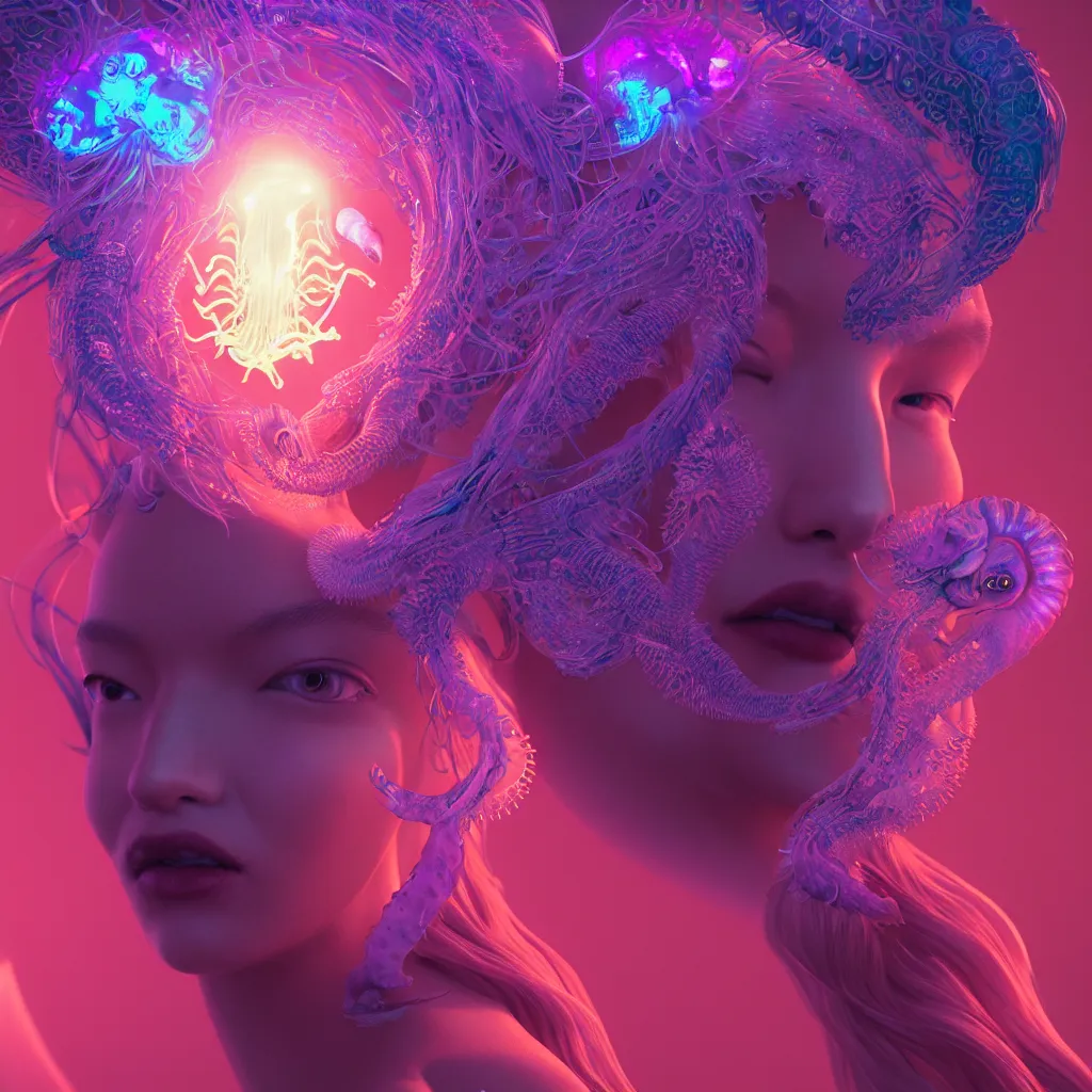 Image similar to goddess close-up portrait. orchid jellyfish phoenix head, nautilus, skull, betta fish, bioluminiscent creatures, intricate artwork by Tooth Wu and wlop and beeple. octane render, trending on artstation, greg rutkowski very coherent symmetrical artwork. cinematic, hyper realism, high detail, octane render, 8k