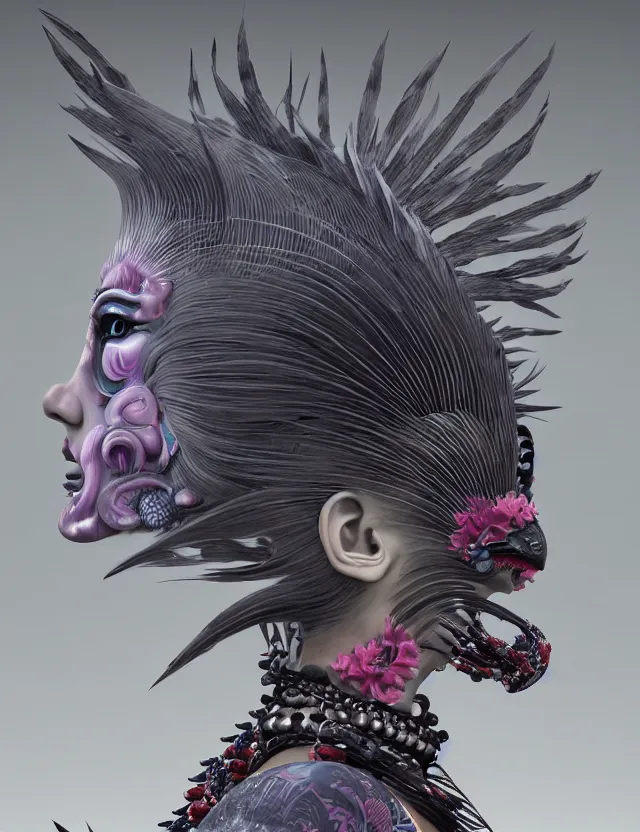 Image similar to 3 d goddess close - up profile simple portrait punk with mohawk with ram skull. beautiful intricately detailed japanese crow kitsune mask and clasical japanese kimono. betta fish, jellyfish phoenix, bio luminescent, plasma, ice, water, wind, creature, artwork by tooth wu and wlop and beeple and greg rutkowski