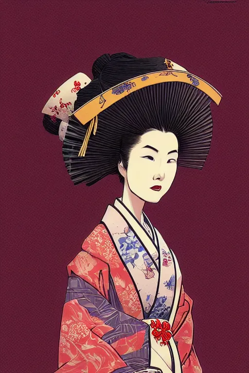 Image similar to a portrait of a japanese geisha, drawn by robbie trevino and dan mumford, poster, digital art, comic art, concept art, single head, no double head,