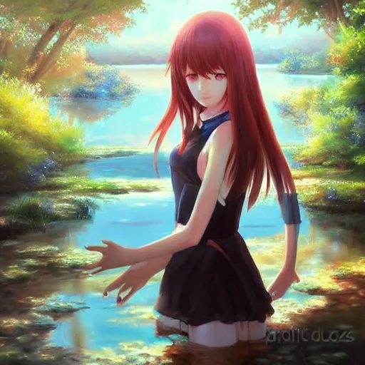 Image similar to advanced anime painting , a lake that leads into another dimension, oil painting, shikamimi, WLOP, RossDraws