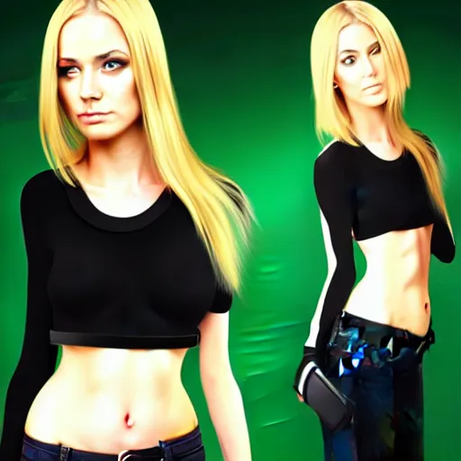 Image similar to long shot of blonde girl in black top, and with green eyes, digital art, trending on artstation