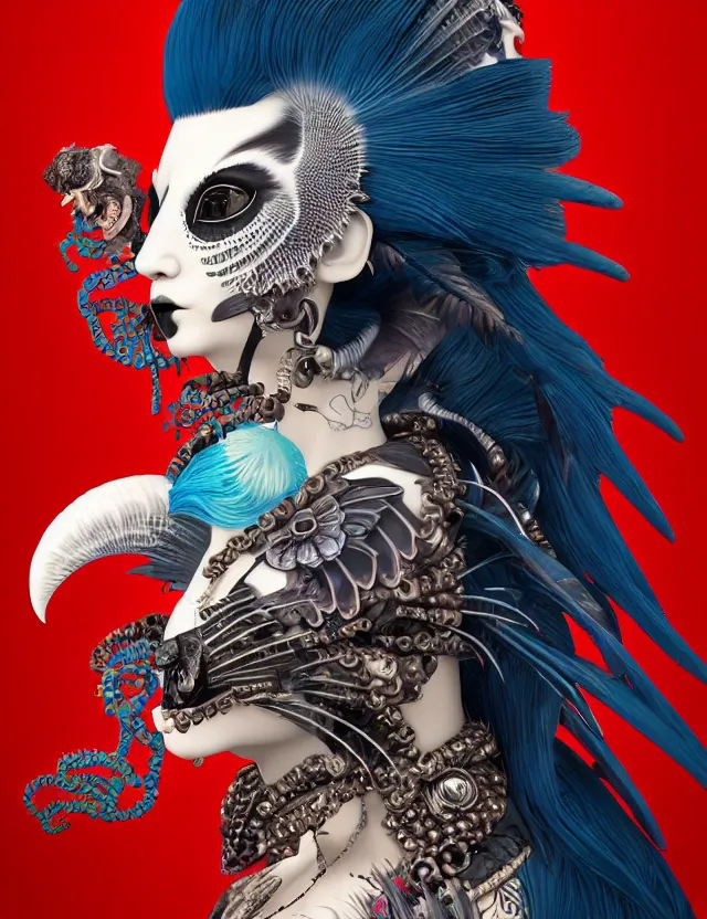 Image similar to 3 d goddess close - up profile portrait punk with mohawk in victorian style with ram skull. beautiful intricately detailed japanese crow kitsune mask and clasical japanese kimono. betta fish, jellyfish phoenix, bio luminescent, plasma, ice, water, wind, creature, artwork by tooth wu and wlop and beeple and greg rutkowski