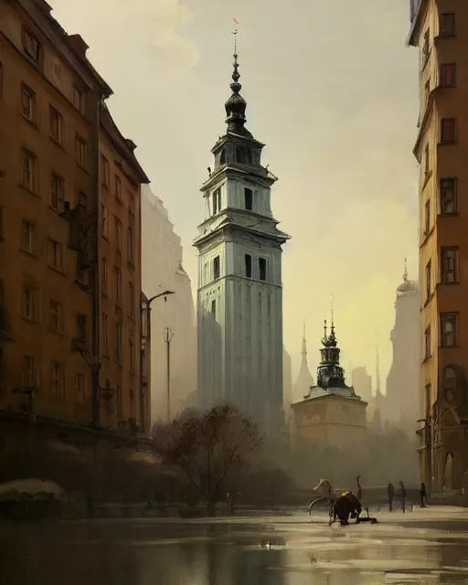 Image similar to the city of warsaw, poland. fantasy art by greg rutkowski, gustave courbet, rosa bonheur, edward hopper. faithfully depicted architecture, realistic, sharp focus, global illumination, radiant light, detailed and intricate environment, trending on artstation