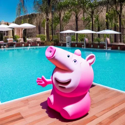 Image similar to an inflatable float of Peppa Pig in the centre of a luxury hotel swimming pool