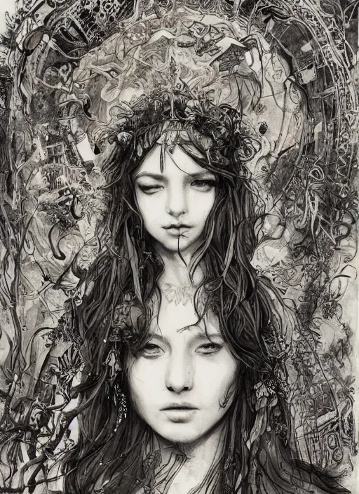 Image similar to portrait, beautiful Stoner hippy girl, sitting in a druid circle, smoking a magical bong, gypsy, watercolor, dramatic lighting, cinematic, establishing shot, extremely high detail, foto realistic, cinematic lighting, pen and ink, intricate line drawings, by Yoshitaka Amano, Ruan Jia, Kentaro Miura, Artgerm, post processed, concept art, artstation, matte painting, style by eddie mendoza, raphael lacoste, alex ross