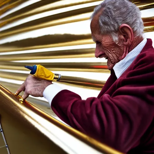 Image similar to wrinkled hunchbacked old man in musty burgundy suit, polishing painting the side of a huge gold plated mega yacht with a cloth, maintenance photo