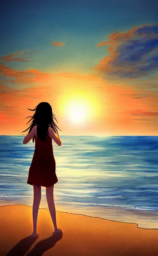 Image similar to woman looking at the sea on the beach during sunset, realistic shaded, highly detailed, anime, realistic