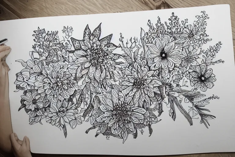 Image similar to floral and plants doodle art, intricate pen and ink drawing