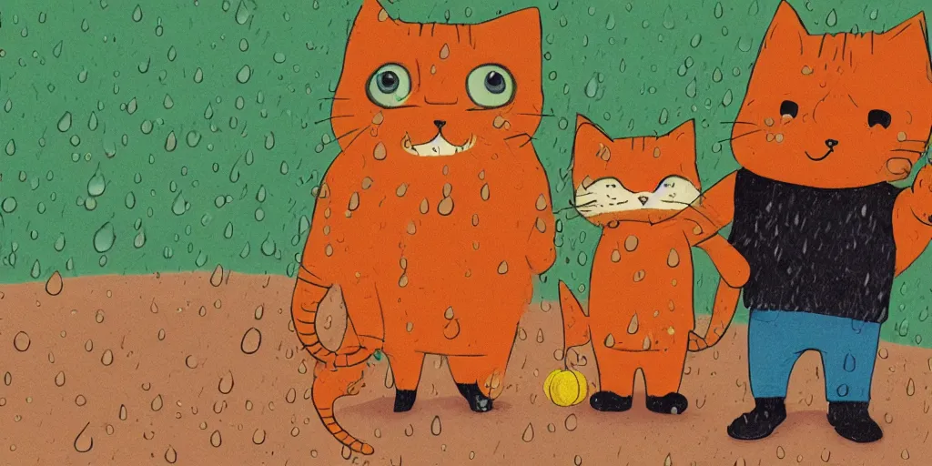 Image similar to a bearded man and an orange tabby kitten standing in the rain by richard scarry