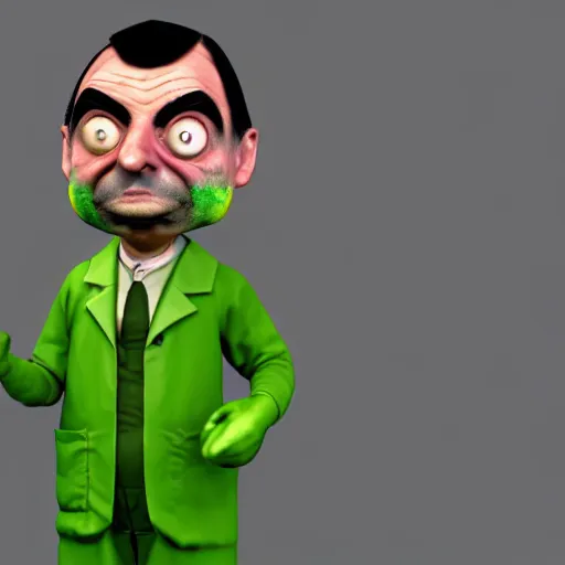 Image similar to mr. bean depicted as a mad scientist, wearing a lab coat, mixing green acids, digital art, trending on artstation and unreal engine