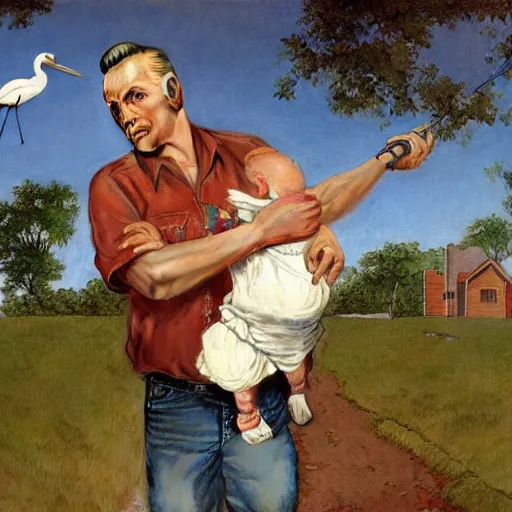 Image similar to a man is chasing away a stork. the stork is carrying a human baby. the man has a shotgun. they're in a trailer park. norman rockwell painting. highly detailed, high quality, 8 k, soft lighting, realistic face, path traced