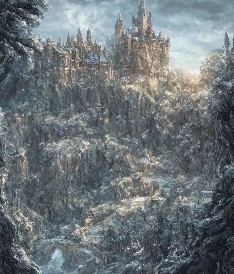 Image similar to view of castle highgarden, digital art, landscape, trending on artstation, highly detailed, beautiful, medieval fantasy, a song of ice and fire.