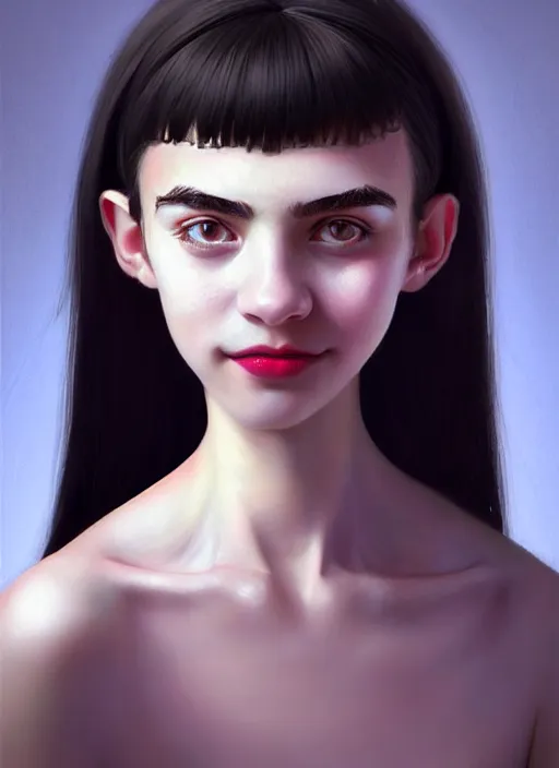 Prompt: portrait of teenage girl, narrow face, black hair and eyebrows, bangs, half updo hairstyle, buck teeth, unattractive, defined jawline, long chin, smile, hair bow, intricate, elegant, glowing lights, highly detailed, digital painting, artstation, concept art, sharp focus, illustration, art by wlop, mars ravelo and greg rutkowski