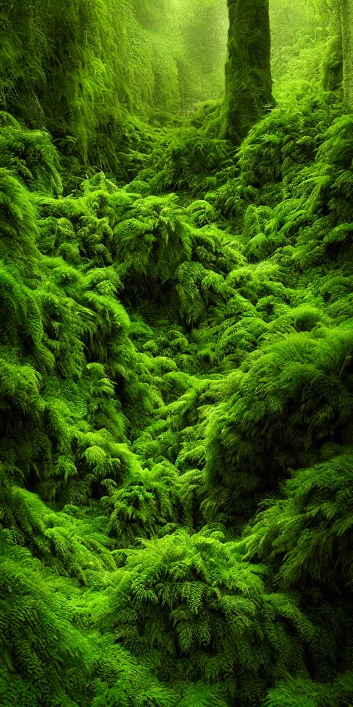 Prompt: a hyper realistic photograph fertile, lush mossy canyon, ferns, minimalist structure, misty, raining, in the style of reuben wu, roger deakins