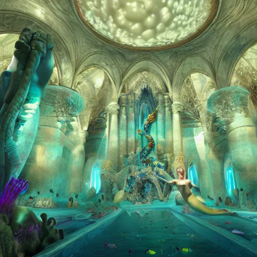 Image similar to a photograph of an underwater cathedral at the bottom of the ocean surrounded by mermaids, by david lachapelle, photorealistic, octane render, unreal engine, 4 k, smooth lighting, subaquatic photography,