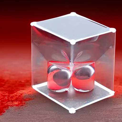 Prompt: transparent cube half filled with red liquid inside in a transparent sphere