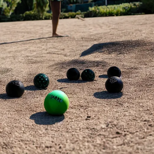 Image similar to a professional photograph of crocodiles playing petanque, wide angle, 4 k