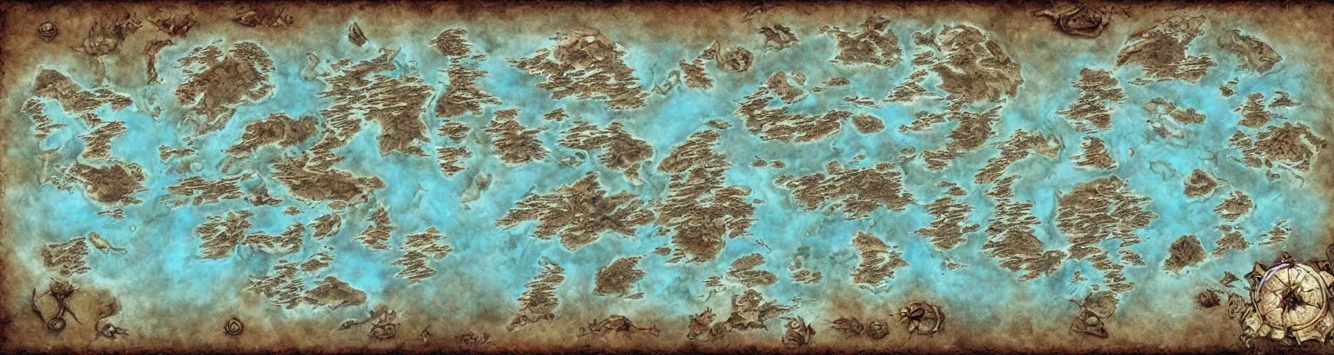 Image similar to fantasy world atlas in the style of an mmorpg world map, 7 0 % ocean, include tundra at the poles, extremely detailed, fantasy, no text, 4 k