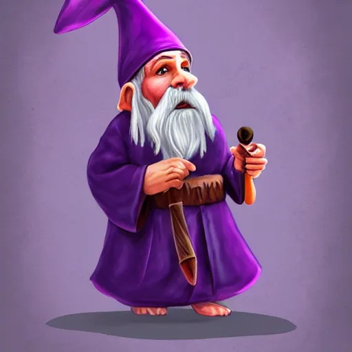 Prompt: gnome archmage wearing purple robes, a floppy wizard hat, and smoking a pipe artstation