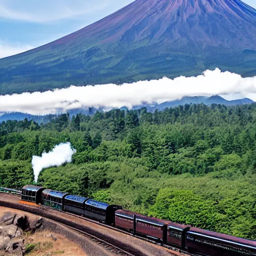 Prompt: jnr class d 5 1 steam train travelling by mount fuji