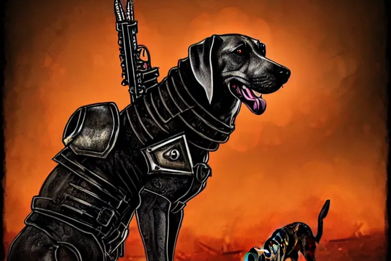 Image similar to a hound dog fursona ( from the furry fandom ), heavily armed and armored facing down armageddon in a dark and gritty version from the makers of mad max : fury road. witness me.