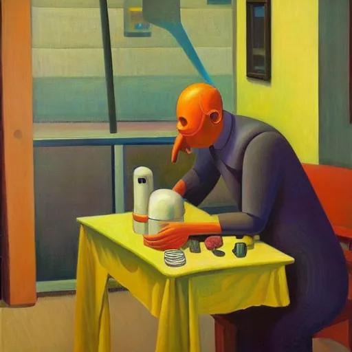 Prompt: robot therapist, portrait, grant wood, pj crook, edward hopper, oil on canvas