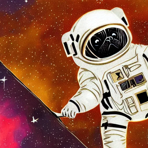 Image similar to golden - ration, gif, high - resolution, pencil art, colorized, extra - detailed, 8 k - resolution, pug astronaut, opening door, in space that leads into the universe
