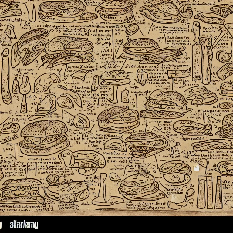 Image similar to middle age illustrated recipe for hamburger ( ( ( ( a bigmac hamburger ) ) ) ) lot of medieval enluminures in the background explaining the recipe, schematic in a notebook