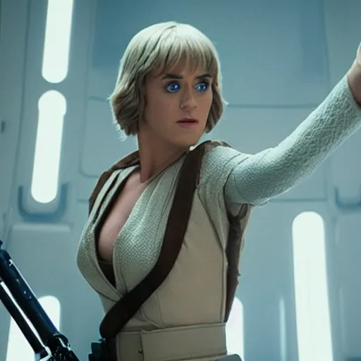 Image similar to movie still of katy perry as luke skywalker in star wars