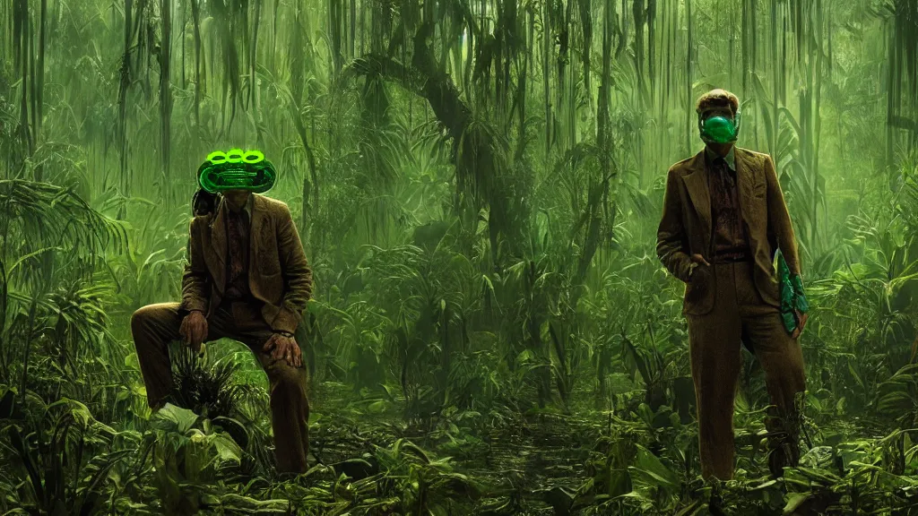 Image similar to snake oil saleman demigod with neon green mask in a swampy jungle landscape, visible sky and humid atmosphere, the salesman's dream by alejandro jodorowsky and denis villeneuve, kodakchrome, cinematic composition, practical effects, 8 k