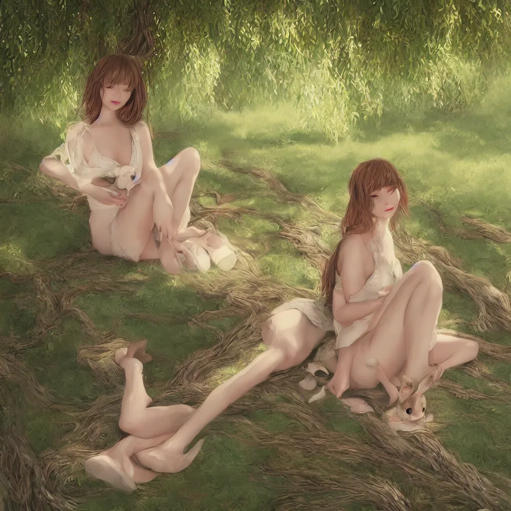 Prompt: cute bunny girl relaxing under the shade of a willow. Digital Art, by wlop, 2020