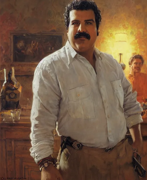 Image similar to portrait of pablo escobar, joyful, highly detailed painting by gaston bussiere, craig mullins, j. c. leyendecker 8 k,