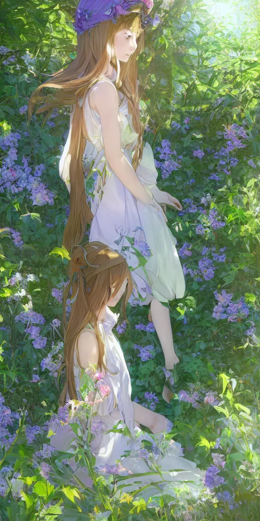 Image similar to a digital art of a loli with long hair in a dress in the privet garden at after noon, green and warm theme, mediumslateblue flowers, low angle, back lighting, by krenz cushart and mucha and akihito yoshida and greg rutkowski, highly detailed, 4 k resolution, trending on art station