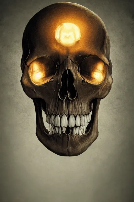 Image similar to photorealistic dark fantasy concept art of a lightbulb made from a human skull, dynamic lighting, stunning visuals, realism, cinematic, hyper detailed, ultra detailed, beautiful visuals