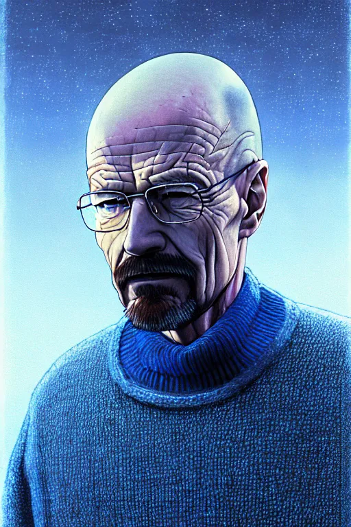 Prompt: portrait of a walter white as sapphire herald in an elegant winter sweater, by makoto shinkai, by akihiko yoshida, by zdzislaw beksinski, by dariusz zawadzki, artbook, tone mapped, deep blues, shiny, soft lighting