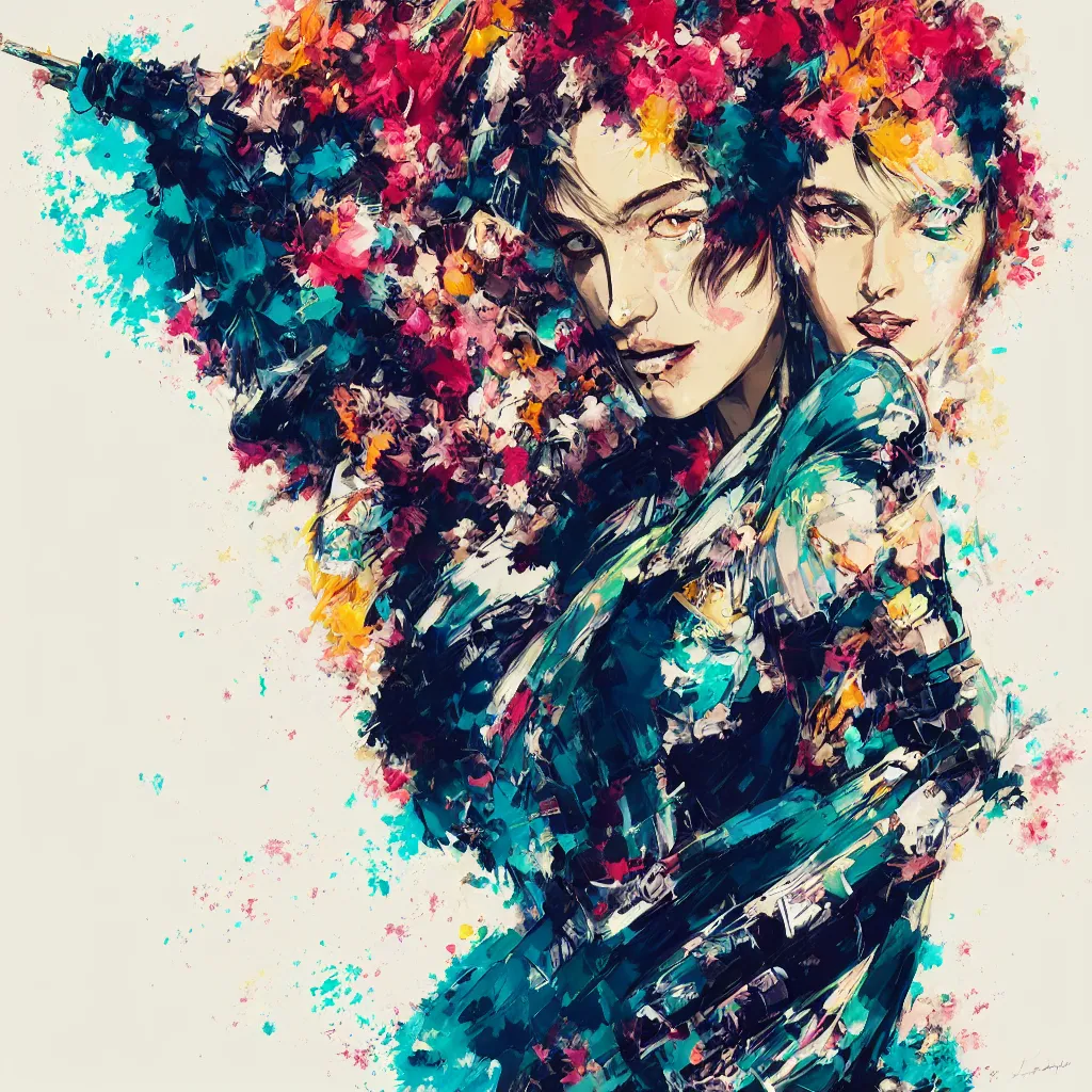 Image similar to an ultra detailed beautiful painting of a stylish woman with colorful haute couture dress, concert poster, retro, yoji shinkawa, conrad roset, greg rutkowski