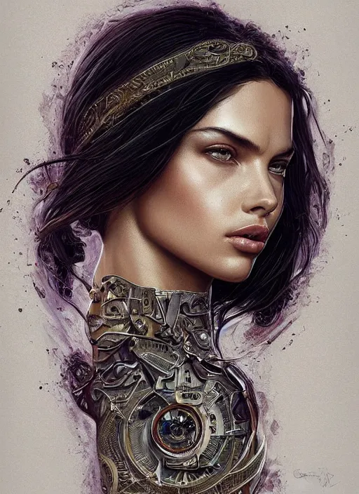 Image similar to symmetry!! adriana lima, machine parts embedded into face, intricate, elegant, highly detailed, digital painting, artstation, concept art, smooth, sharp focus, illustration, art by artgerm and greg rutkowski and alphonse mucha, 8 k