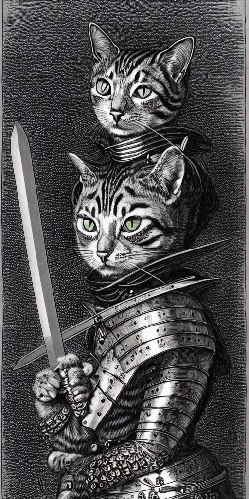 Prompt: engraving portrait of humanoid cat with sword in medieval armoury by gustave dore. trending on deviant art, street art, chillwave, maximalist, full of color, glittering, 8 k, hd