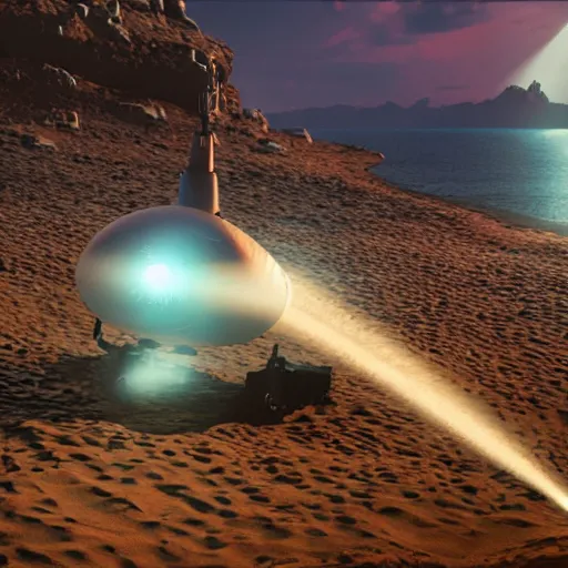 Prompt: robot submarine exploring the ocean floor with its searchlights on, movie scene, raytracing, stunning scene, beautiful lighting