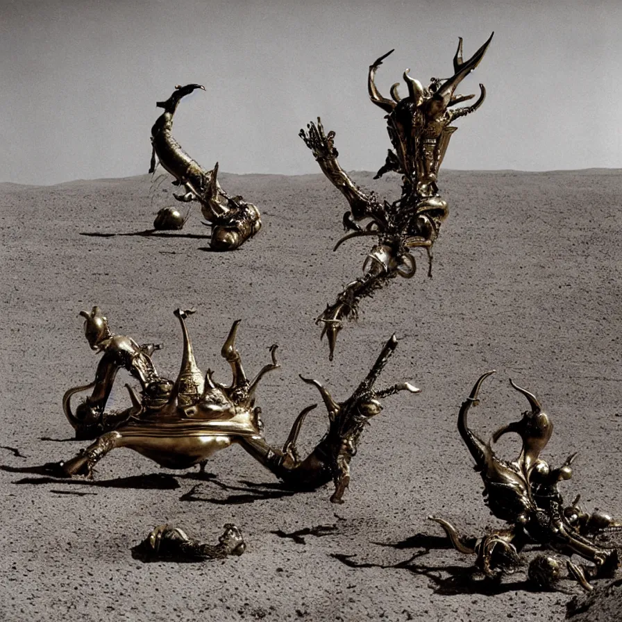 Image similar to salvador dali wearing a golden horned crown and jewels in a dry sand desert landscape, alien spaceship by giger in the landscape, film still from the movie by alejandro jodorowsky with cinematogrophy of christopher doyle and art direction by hans giger, anamorphic lens, kodakchrome, very detailed photo, 8 k