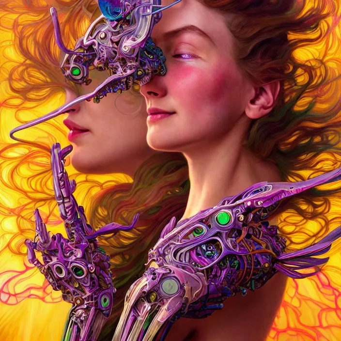 Image similar to bright psychedelic portrait of organic cyborg, wings, smiling, diffuse lighting, fantasy, intricate, elegant, highly detailed, lifelike, photorealistic, digital painting, artstation, illustration, concept art, smooth, sharp focus, art by John Collier and Albert Aublet and Krenz Cushart and Artem Demura and Alphonse Mucha