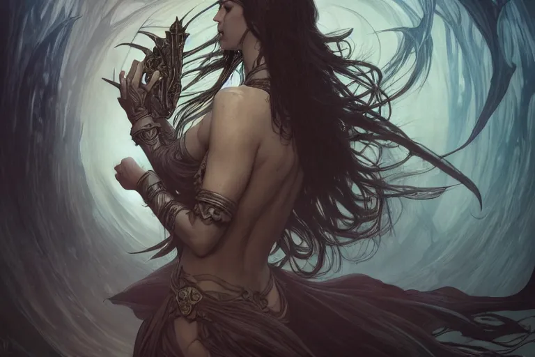 Prompt: dark banshee, cinematographic shot, deep focus, d & d, fantasy, intricate, elegant, highly detailed, digital painting, artstation, concept art, matte, sharp focus, illustration, hearthstone, magic the gathering, art by willian murai and karla ortiz and alphonse mucha