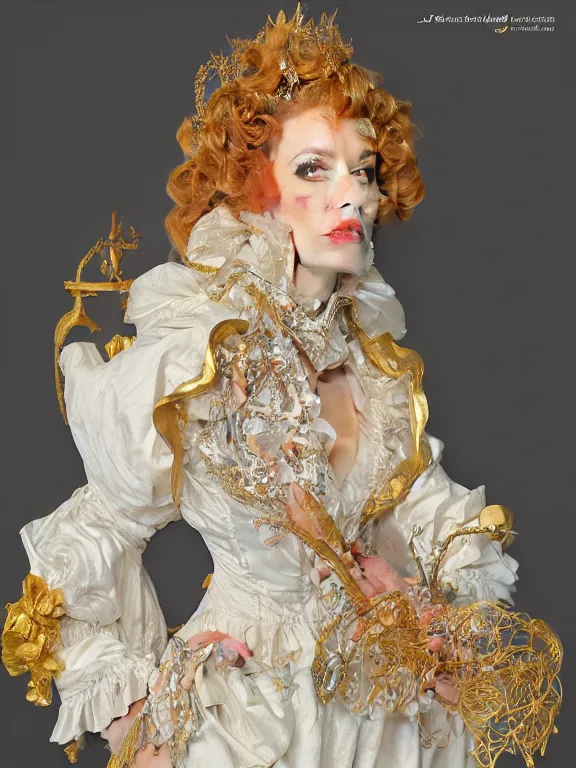 Image similar to a beautiful render of catholic rococo veiled drag queen with intricate detailed,by J.C.Leyendecker and carl larsson and M.W.kaluta and NekroXIII and Billelis,Trending on artstation,ZBrush,maximalist,glittering,gold,silver,ivory,jewelry,hyperreal