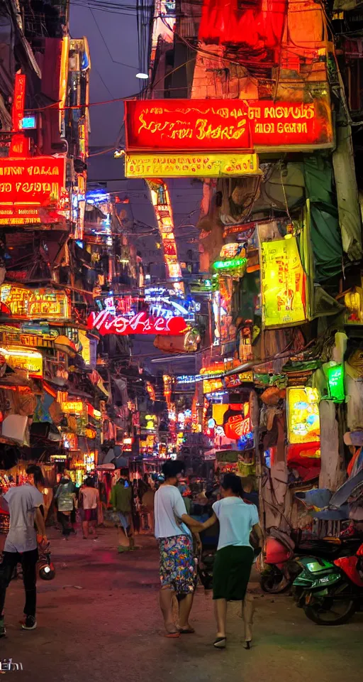 Image similar to New Saigon on Red Mars entertainment district street scene with lovers vendors and neon signed buildings. People are taking their fun seriously by Tsuchiya Koitsu