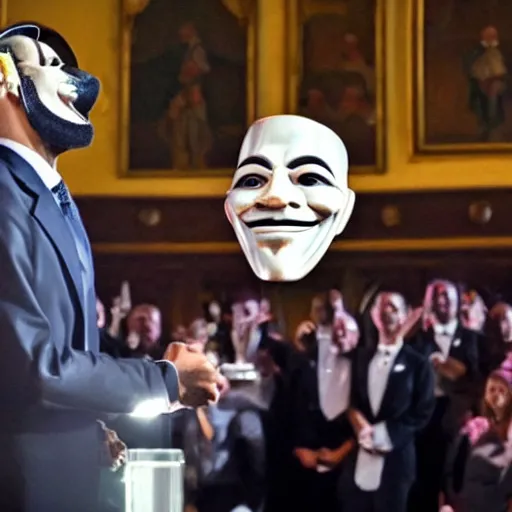 Image similar to man wearing guy fawkes mask accepting award from obama in university hall, photo, cinematic lighting