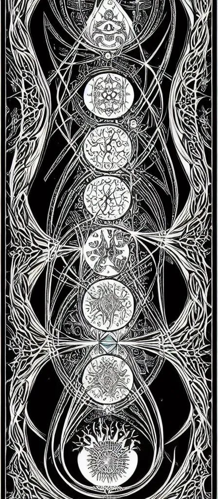 Image similar to a beautiful fractal tarot card featuring bold occult imagery with clean lines. skullpunk. haeckel. detailed adult coloring book