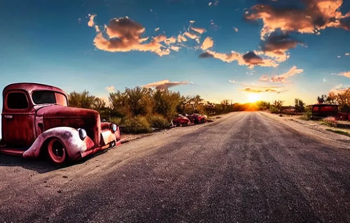 Image similar to A beautiful colorful evening scene of route66, old road with abandoned gas station and rusty old pickup truck, hyper realistic, blinding backlight evening sun, sparkling sun rays, epic scene, intense setting, evening vibe