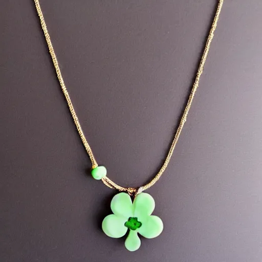 Prompt: simple embroidered clover necklace with jade stone, hyper realistic