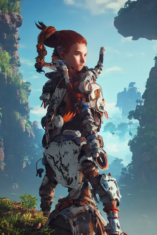 Image similar to combination suit armor aloy horizon forbidden west horizon zero dawn robot ninja mask helmet backpack tribal, aesthetic octane render, 8 k hd resolution, by ilya kuvshinov and cushart krentz and gilleard james radiating a glowing aura cgi rtx 2 0 2 2