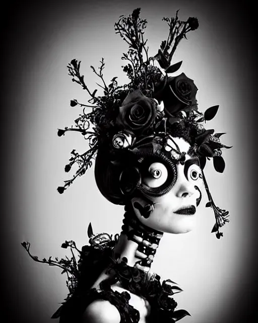 Prompt: dreamy surreal poetic black and white photo of a beautiful young female-cyborg-vegetal-robot with a very long neck and a super big gothic lace collar and a very high big floral crown with many black dry roses by Vivienne Westwood:: smoke, high fashion, haute couture, rococo, avant-garde, elegant, dreamy, hyper realistic, 150 mm lens, soft rim light, octane render, unreal engine, picture was taken in 1910 by Dora Maar, volumetric lighting, dramatic light,8k,